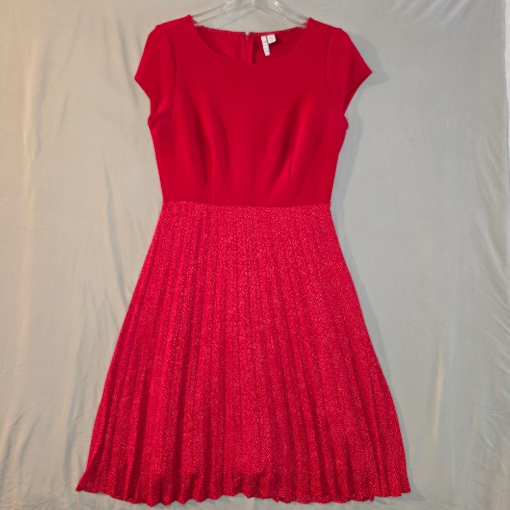 ELLE Fit and Flare Dress PM Womens Red Pleated Micro Dot Cap Sleeve Round Neck